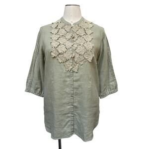 Soft Surroundings Linen Lace Floral Button Front 3/4 Sleeve Tunic Large Green
